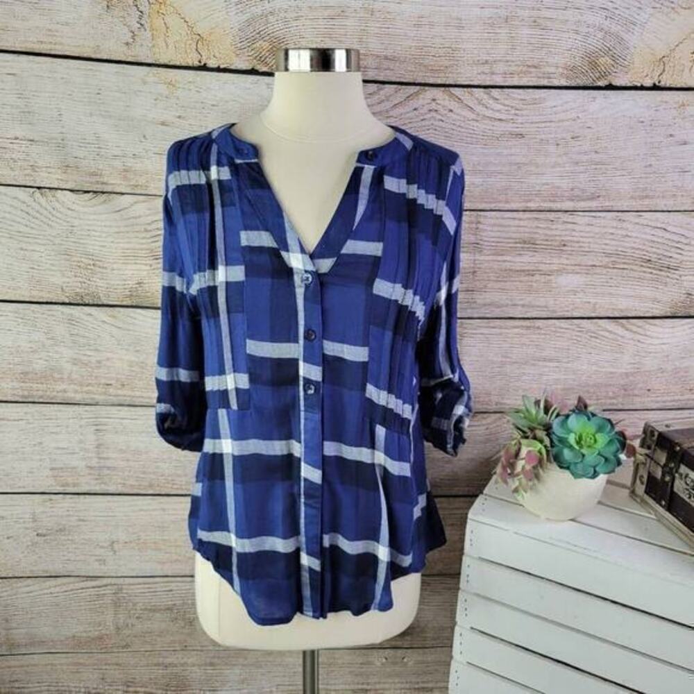 Harper Women's Plaid Flannel Collarless Henley Button-up Shirt Blue Small